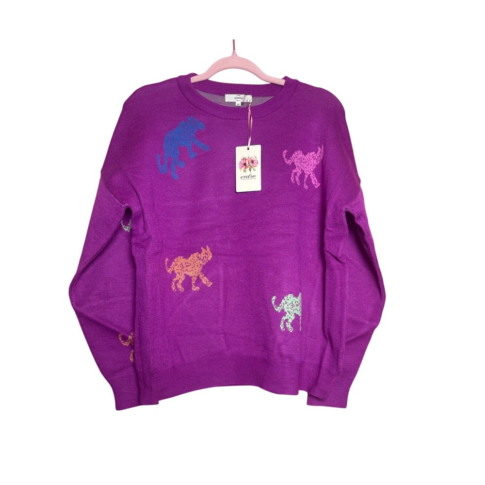 Entro Purple Leopard Animal Print Intarsia Whimsical Knit Sweater Womens Medium
